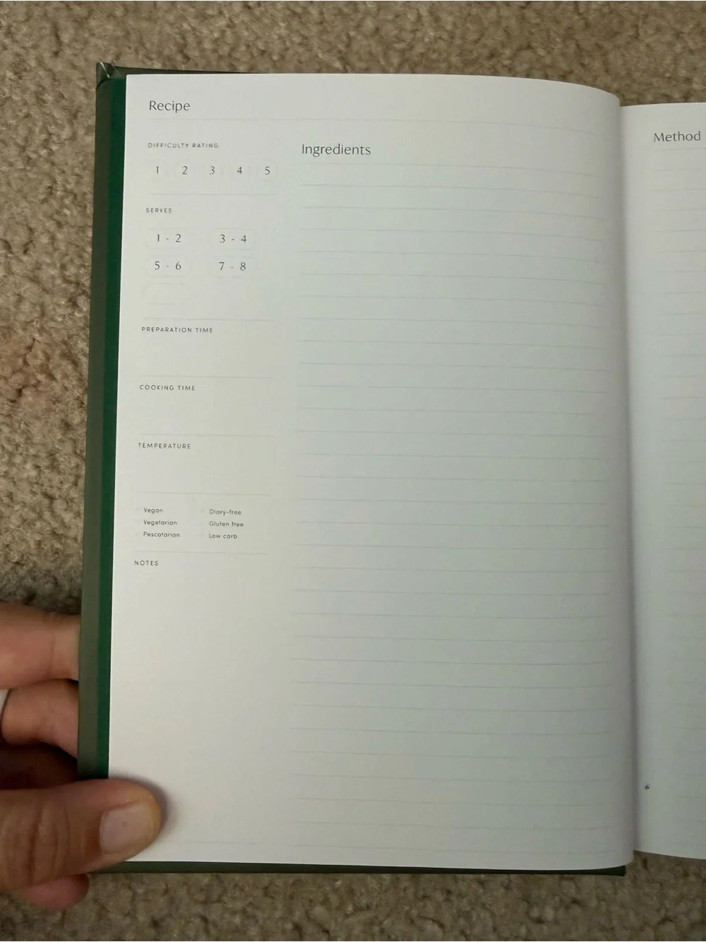 Dark Green Recipe Book - Hardcover Kitchen Planner